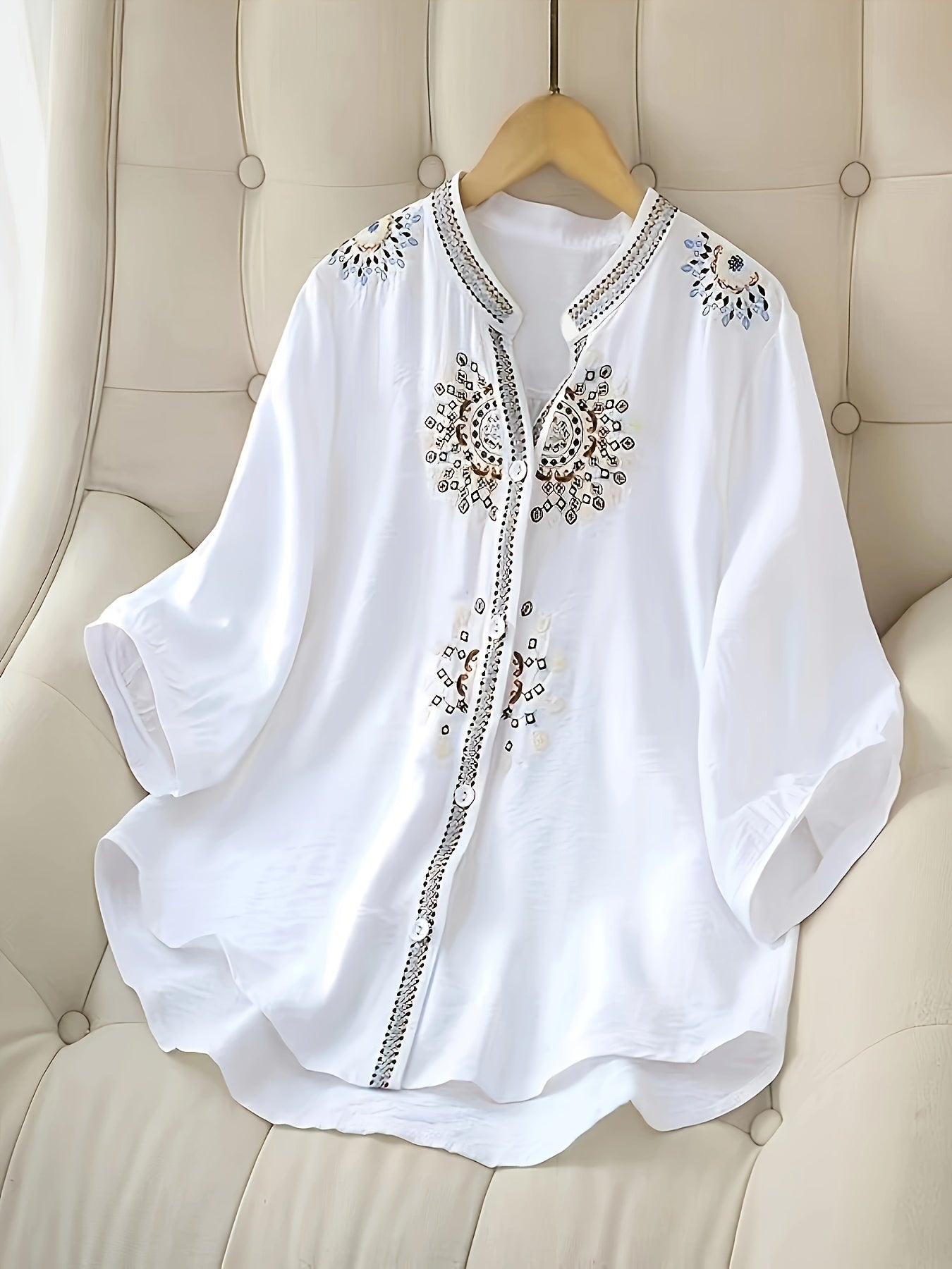 Women's Elegant Short Sleeve Blouse - Floral & Pearl Embroidery, Semi-Sheer Stand-Up Collar