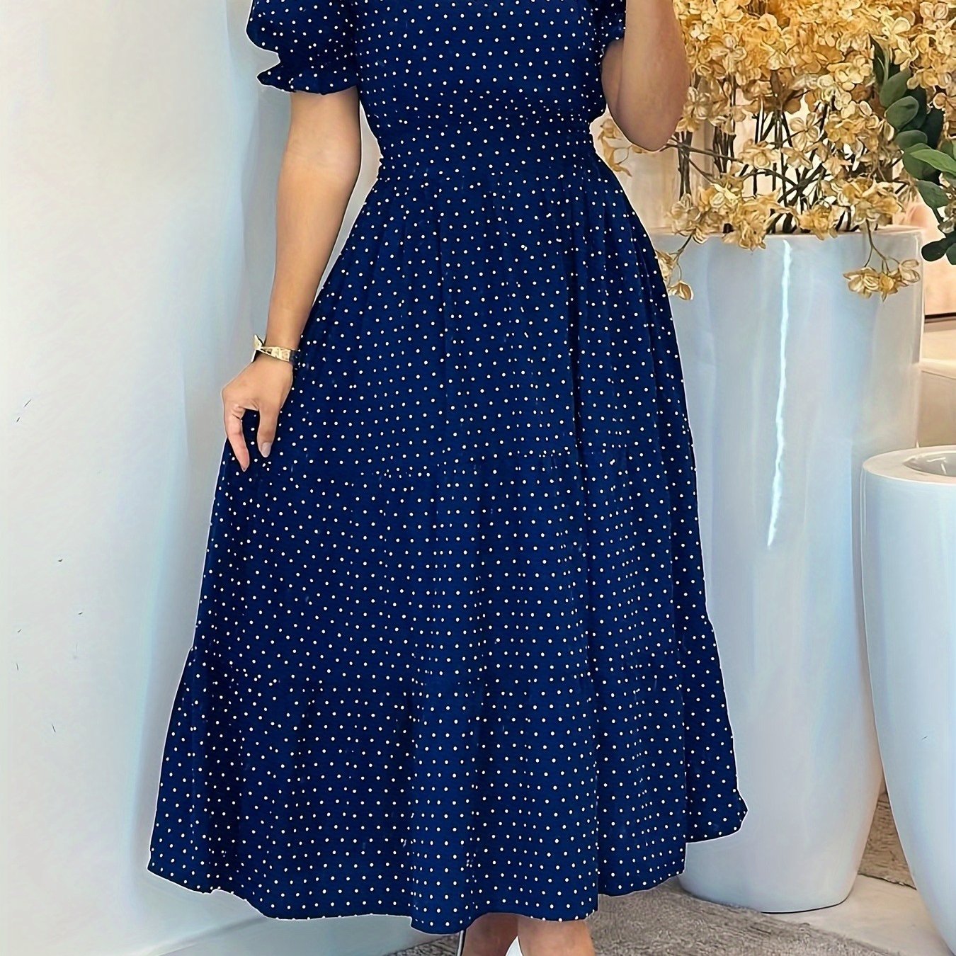 Women's Puff Sleeve A-Line Dress with Adjustable Waist Belt - Square Neck Casual Vacation Dress for Spring/Summer