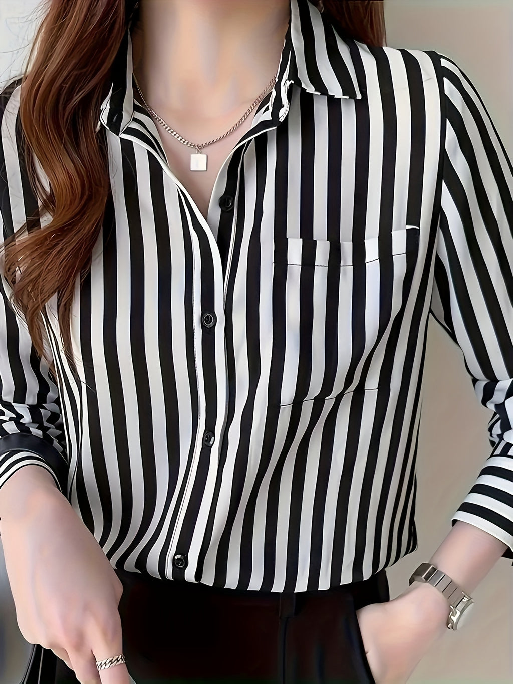 Women's Striped Button-Up Shirt Long Sleeve