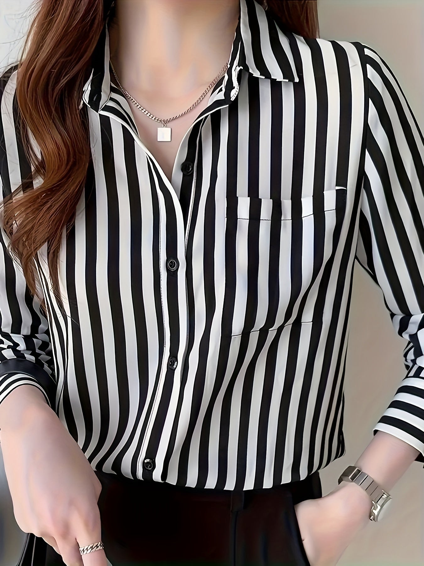 Women's Striped Button-Up Shirt Long Sleeve