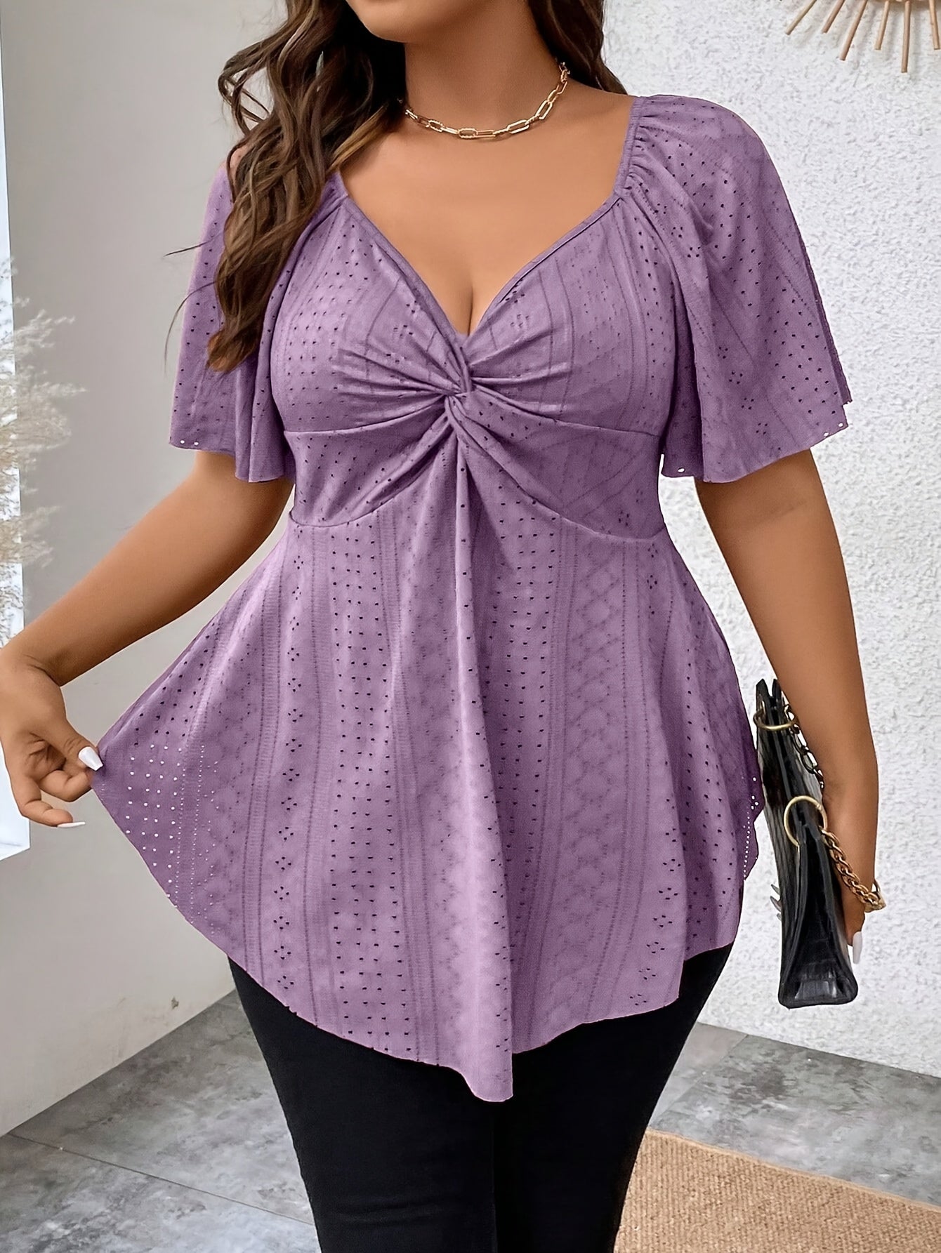 Stylish Plus Size Solid Eyelet Cutout Twist T-shirt