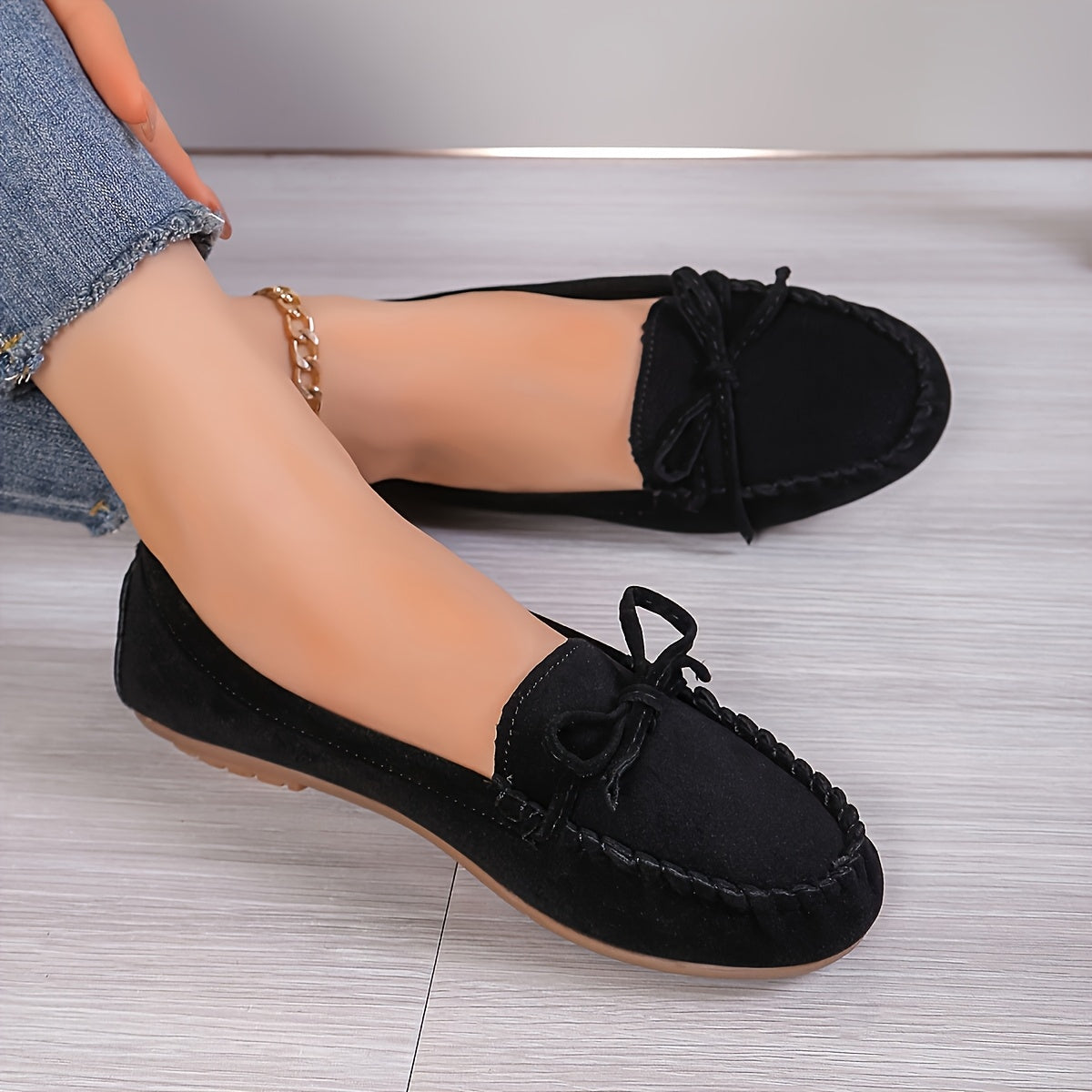 [Pair of Vintage Loafers] Vintage Style Pair of Women's Loafers | Solid Color Slip-On Flats with Bow, Suitable for All Seasons, Fashionable Retro Shoes