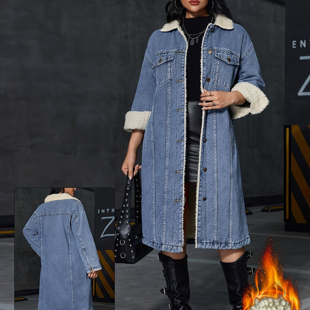 Women's Vintage Washed Denim Jacket - Thickened Winter Coat with Beltless Lapel Collar, Long Sleeve