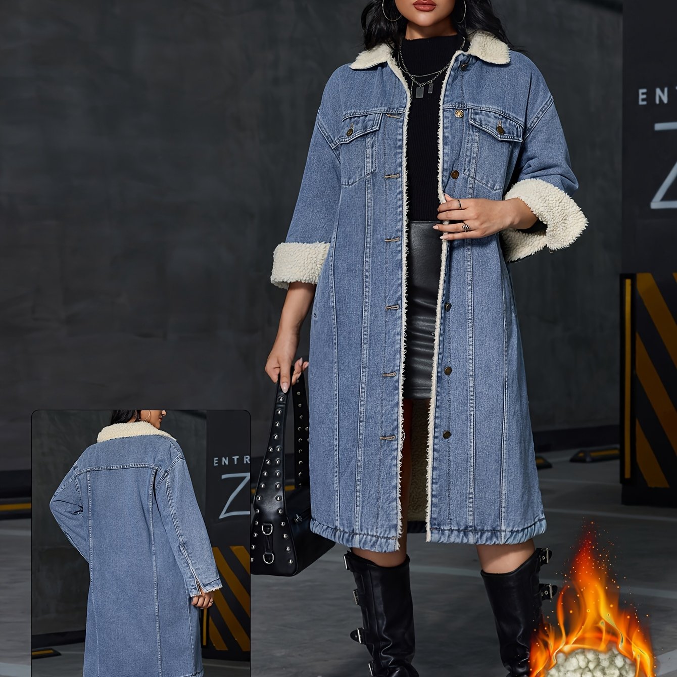 Women's Vintage Washed Denim Jacket - Thickened Winter Coat with Beltless Lapel Collar, Long Sleeve