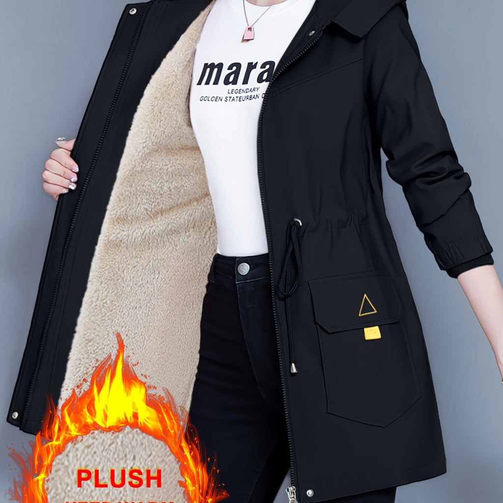 Kesixsty Women's Mid-Length Hooded Windbreaker Jacket with Plush Lining