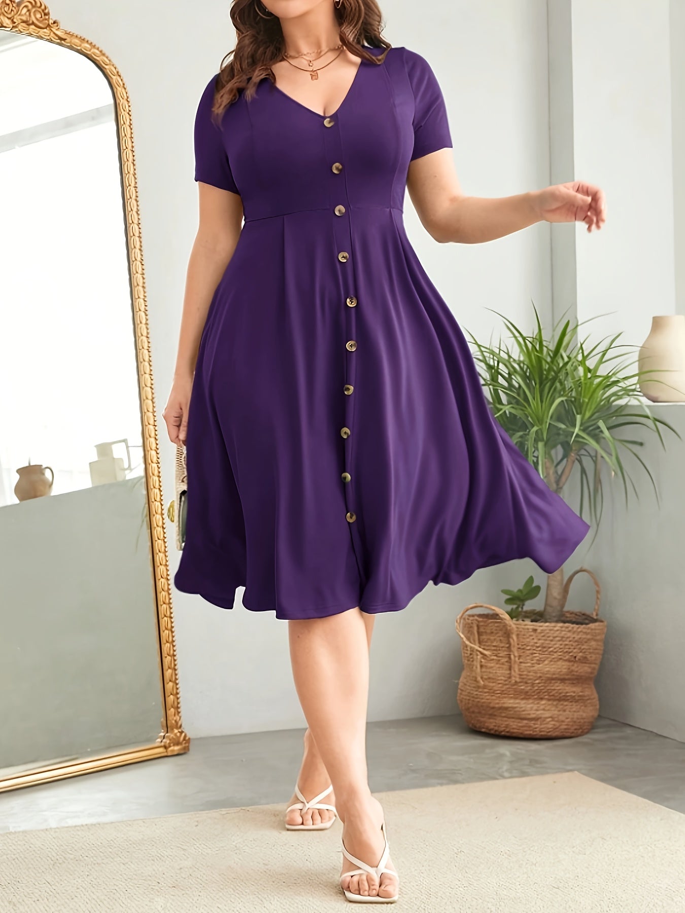 Elegant Plus Size V-Neck Dress with Button Details