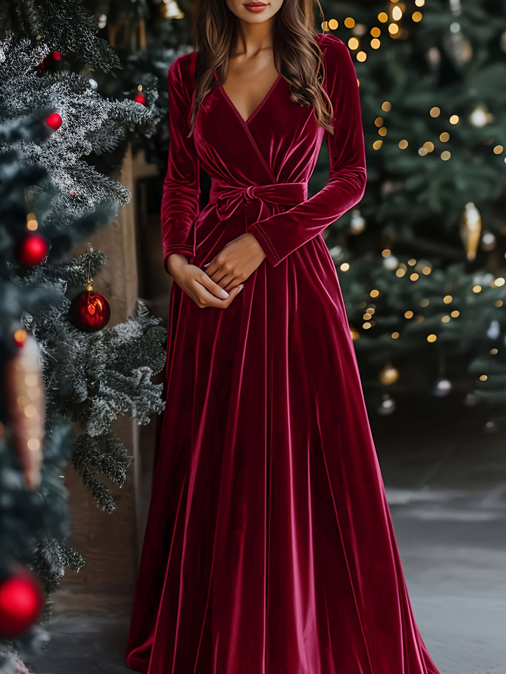Women's Elegant Long Vintage V-Neck Dress with Belted Bow Christmas Day and all Party