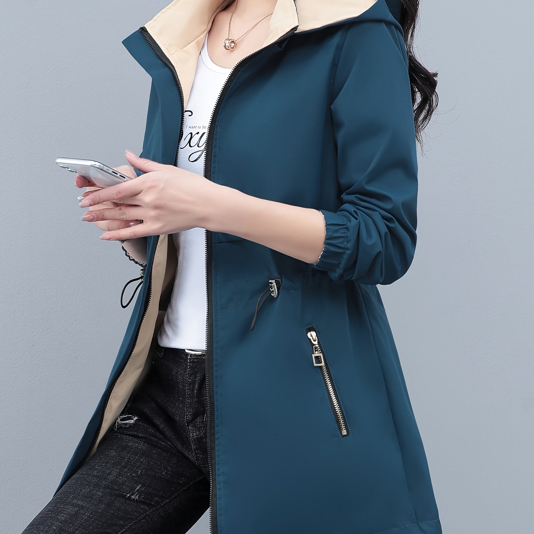 Women's Reversible Long Sleeve Windbreaker Jacket, Fit, Detachable Hood & Zipper Closure