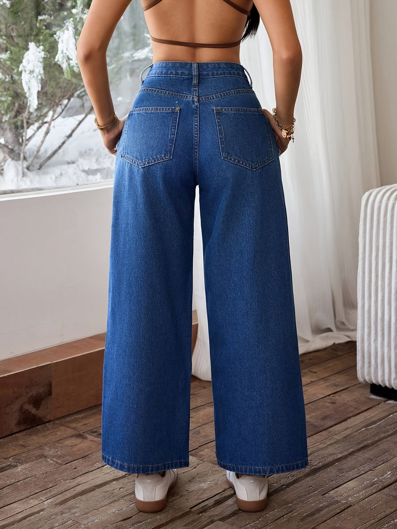Women's Mid-Rise Stretch Denim Wide-Leg Pants - Asymmetrical Knee-Length Fringe Detail