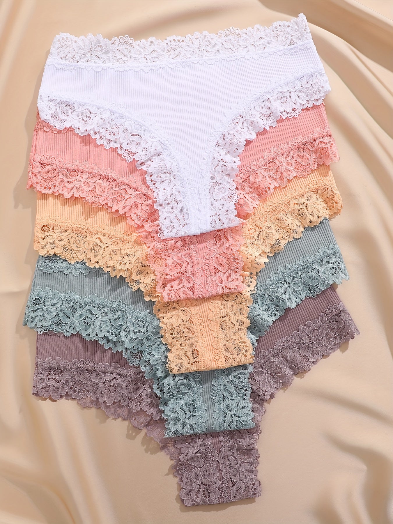 5pcs Solid Lace Trim Briefs, Comfy & Breathable Intimate Panties, Women's Lingerie & Underwear