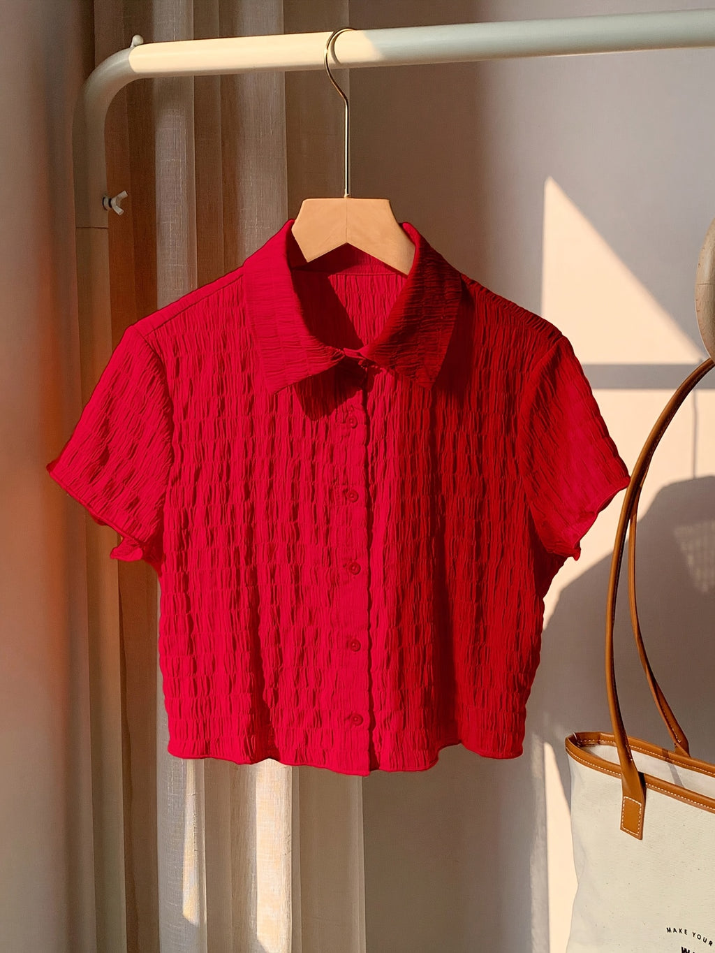 Women's Elegant Solid Red Open Collar Short Sleeve Shirt
