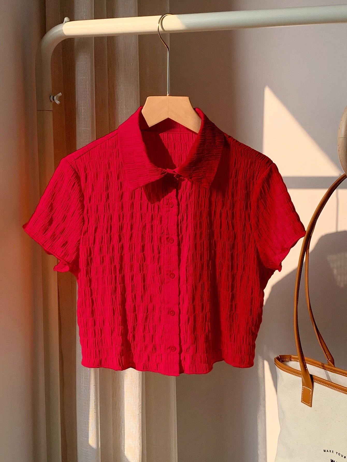 Women's Elegant Solid Red Open Collar Short Sleeve Shirt