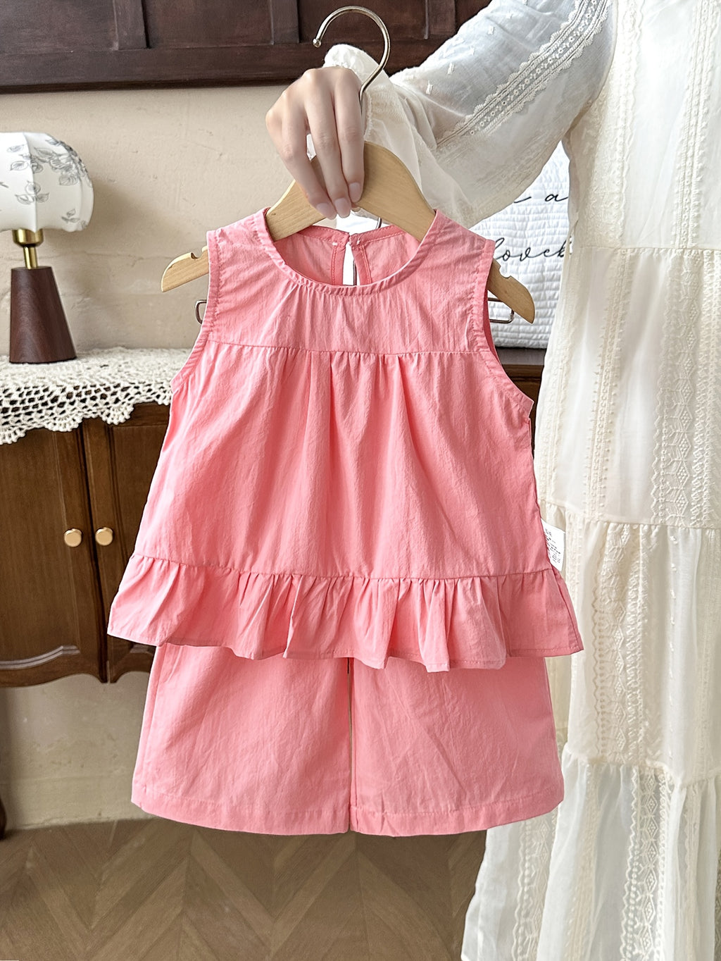 2pcs Wide Shoulder Dress and Shorts Set for Girls, Summer Lightweight Solid Color
