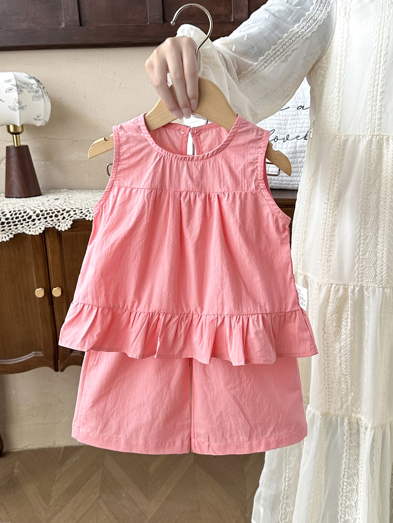 2pcs Wide Shoulder Dress and Shorts Set for Girls, Summer Lightweight Solid Color
