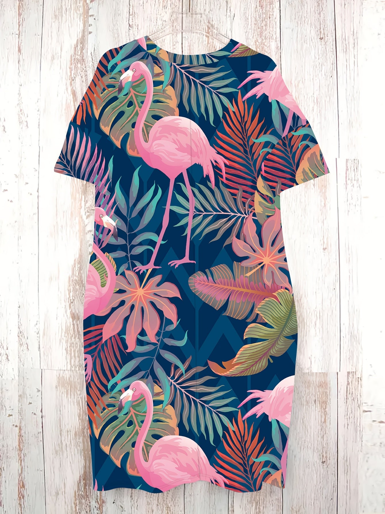Women's Summer New Plus Size Tropical Plant Flamingo Print Casual Sport V-Neck Short Sleeve Dress
