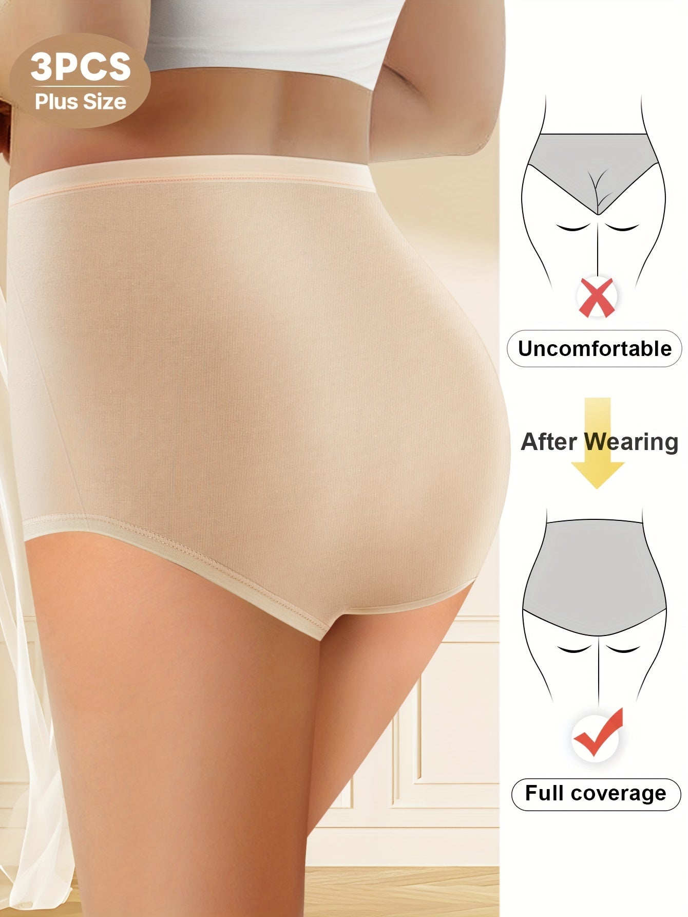 3-Pack Women's Plus Size High-Waisted Panties with Floral Patchwork