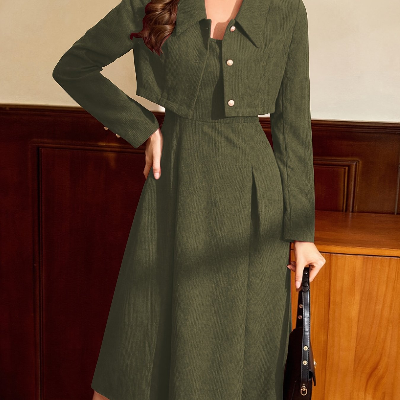 Women's Vintage Elegant Two-Piece Corduroy Collared Christmas New Year Party