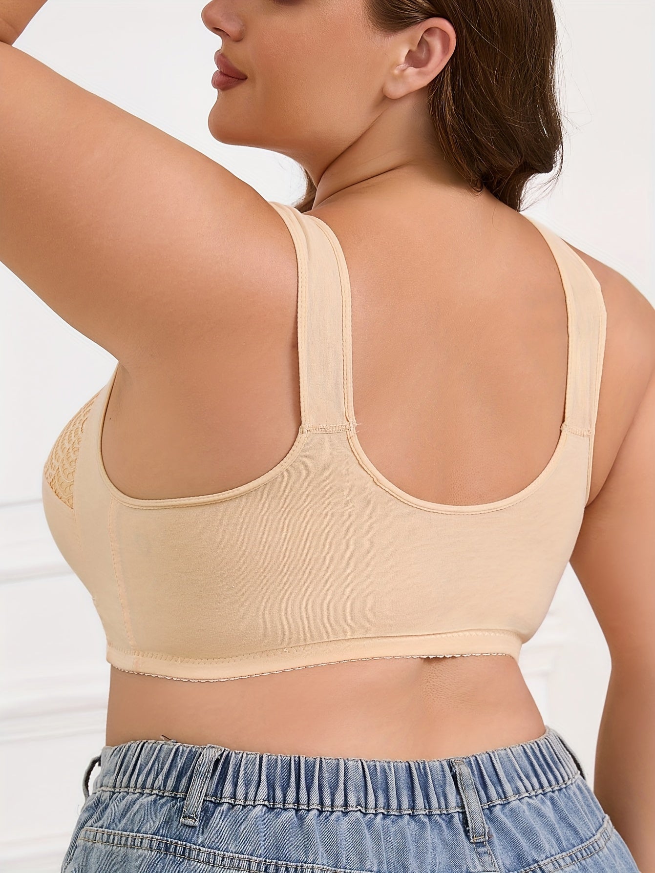Plus Size Women's Wire-Free Bra Front Closure, Contrast Lace