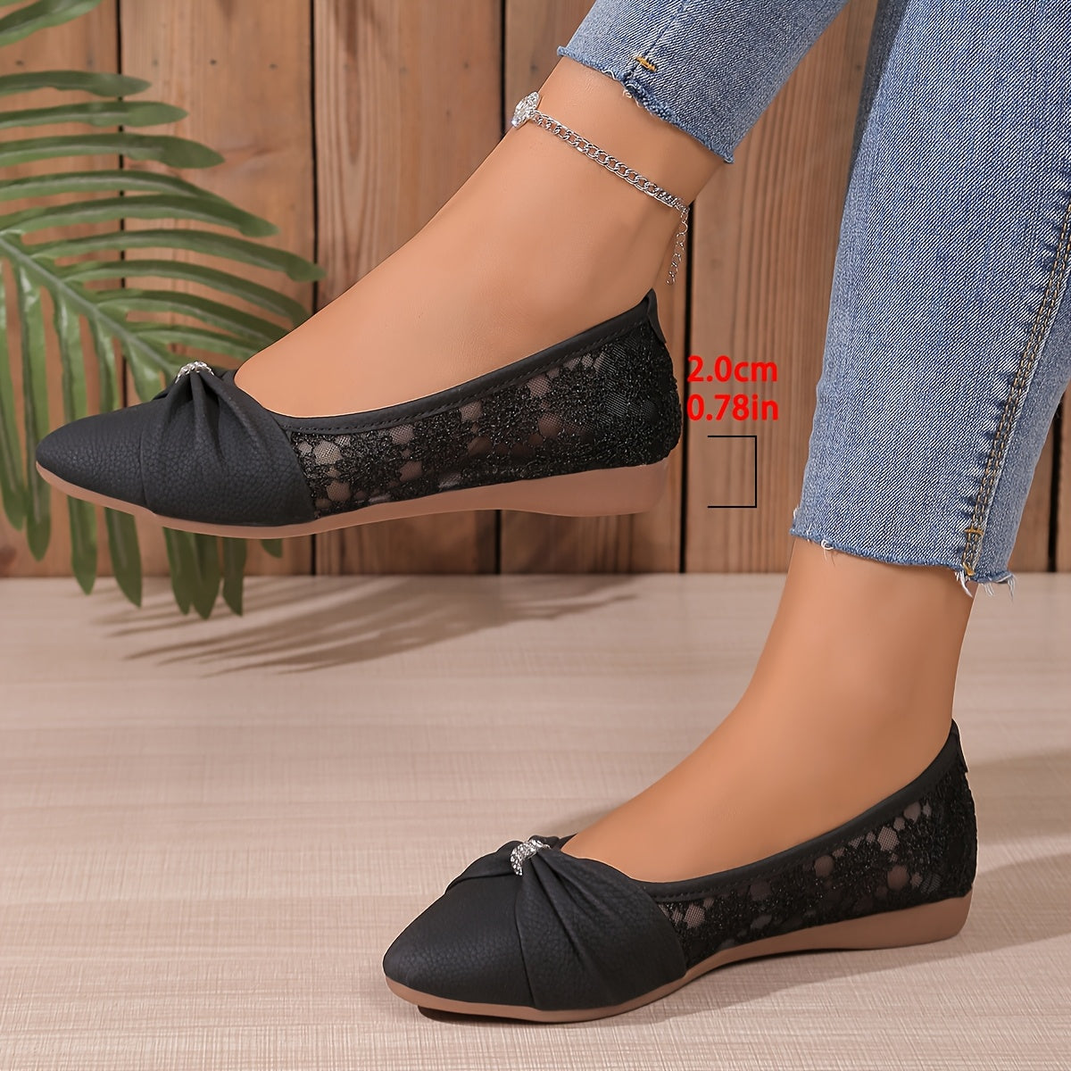 [White Rhinestone Flats] Comfortable White Pointed Toe Flats | Women's Rhinestone Bow Slip-On Shoes with Lace-Trimmed Fabric Upper &