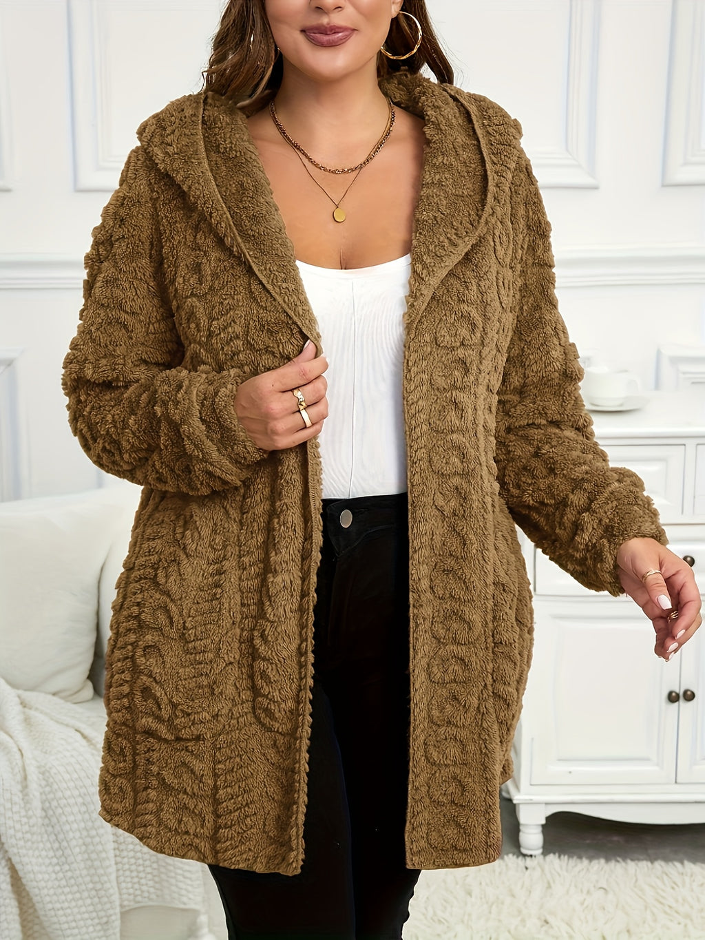Plus Size, Autumn and Winter Warm Fashion Casual Plush Hooded Cardigan Jacket