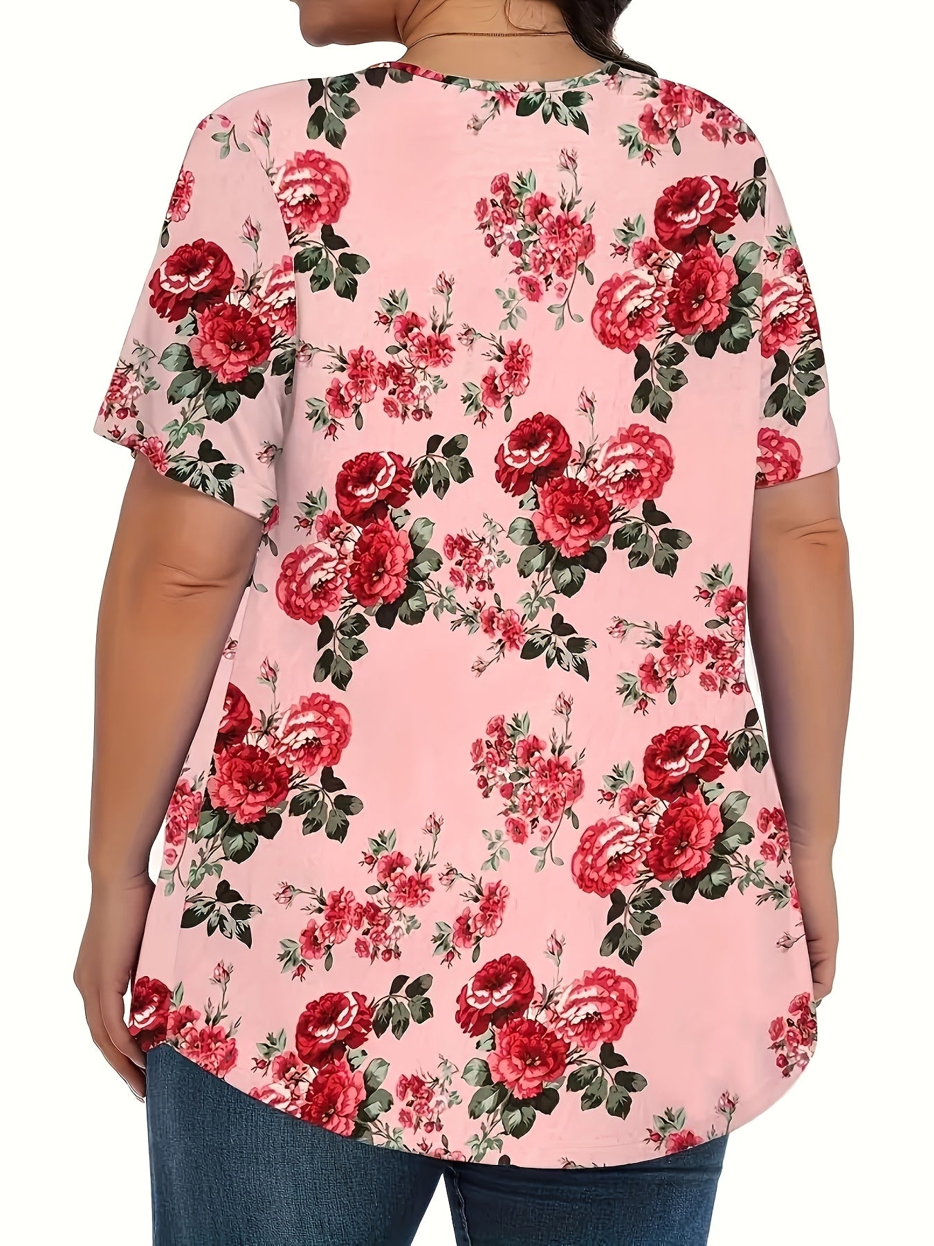 Women's Plus Size V-Neck Blouse - Middle Eastern-Inspired Floral Print Digital, Stretchy Machine-Washable Fabric, All-Season Casual & Formal