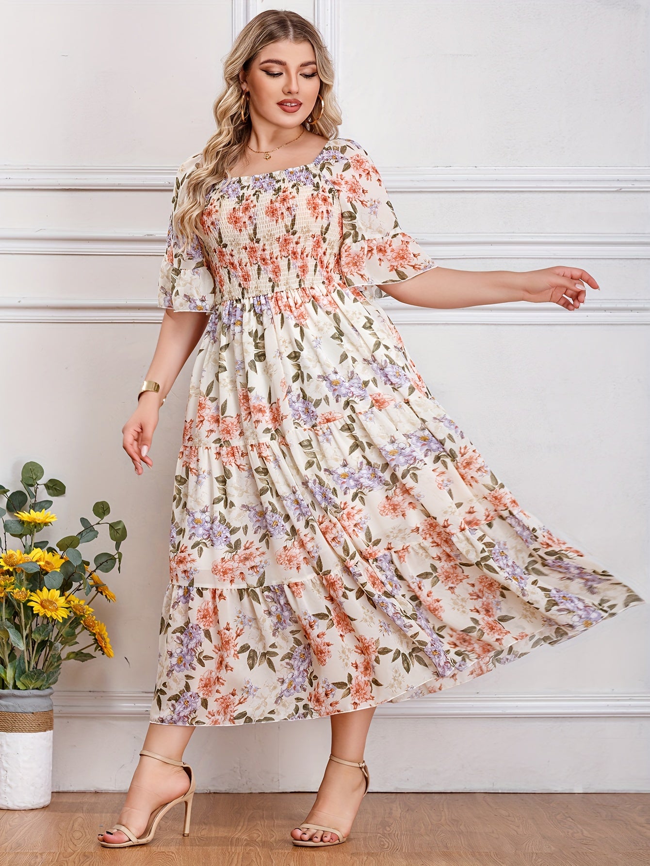 Plus Size Floral Print Chiffon Dress - Loose Fit