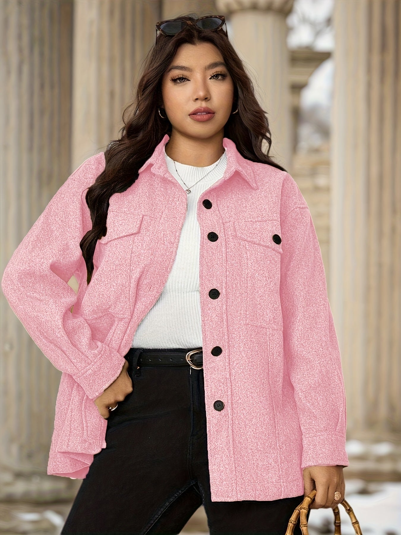 Plus Size Women's Casual Drop Shoulder Flap Pocket Shirt Mid-Weight