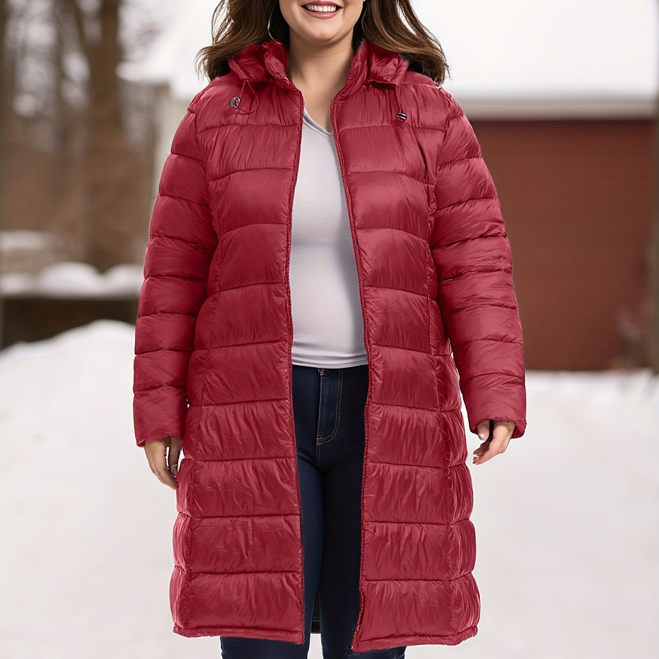 Plus Size Women's Elegant Burgundy Winter Coat with Hood - Long Jacket, Zippered Pockets & Detachable