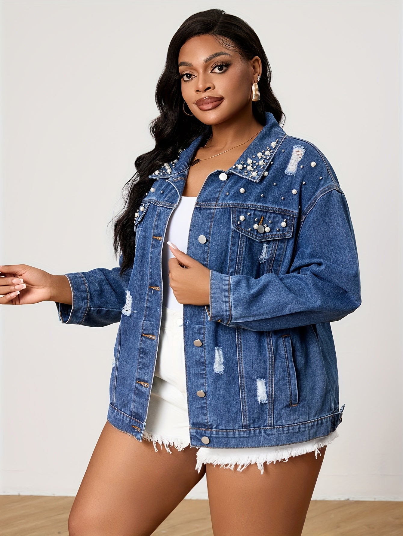Plus-Size Unique Pearl Distressed Women's Jacket