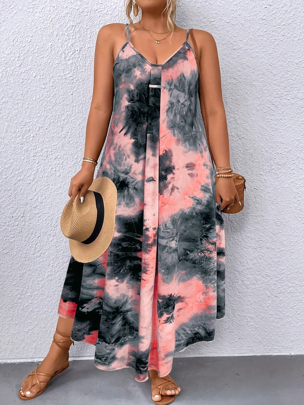 European and American trendy plus-size Women's tie-dye dress with halter neck