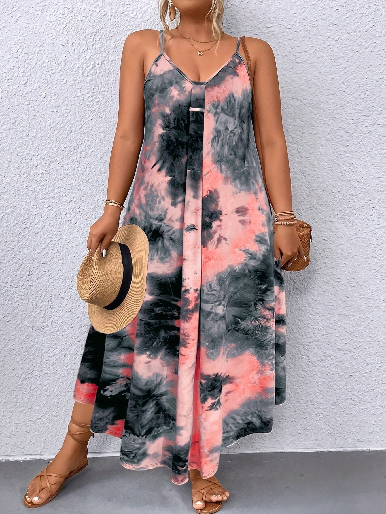 European and American trendy plus-size Women's tie-dye dress with halter neck