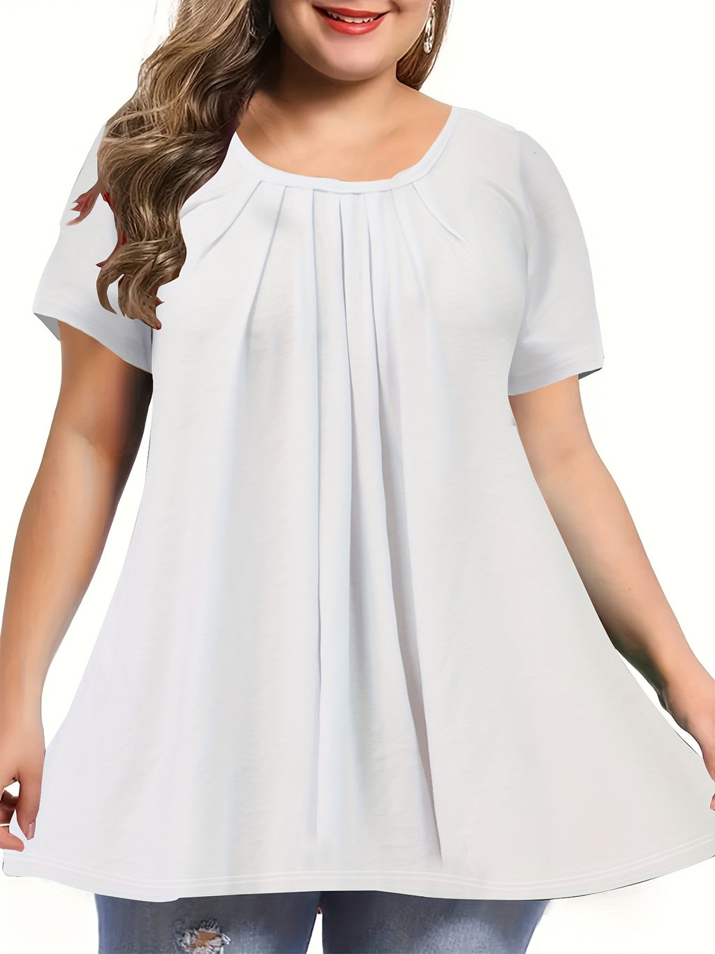 Polyester Elegant Crew Neck Ruched Bust Slight Stretch Knit Fabric Pullovers