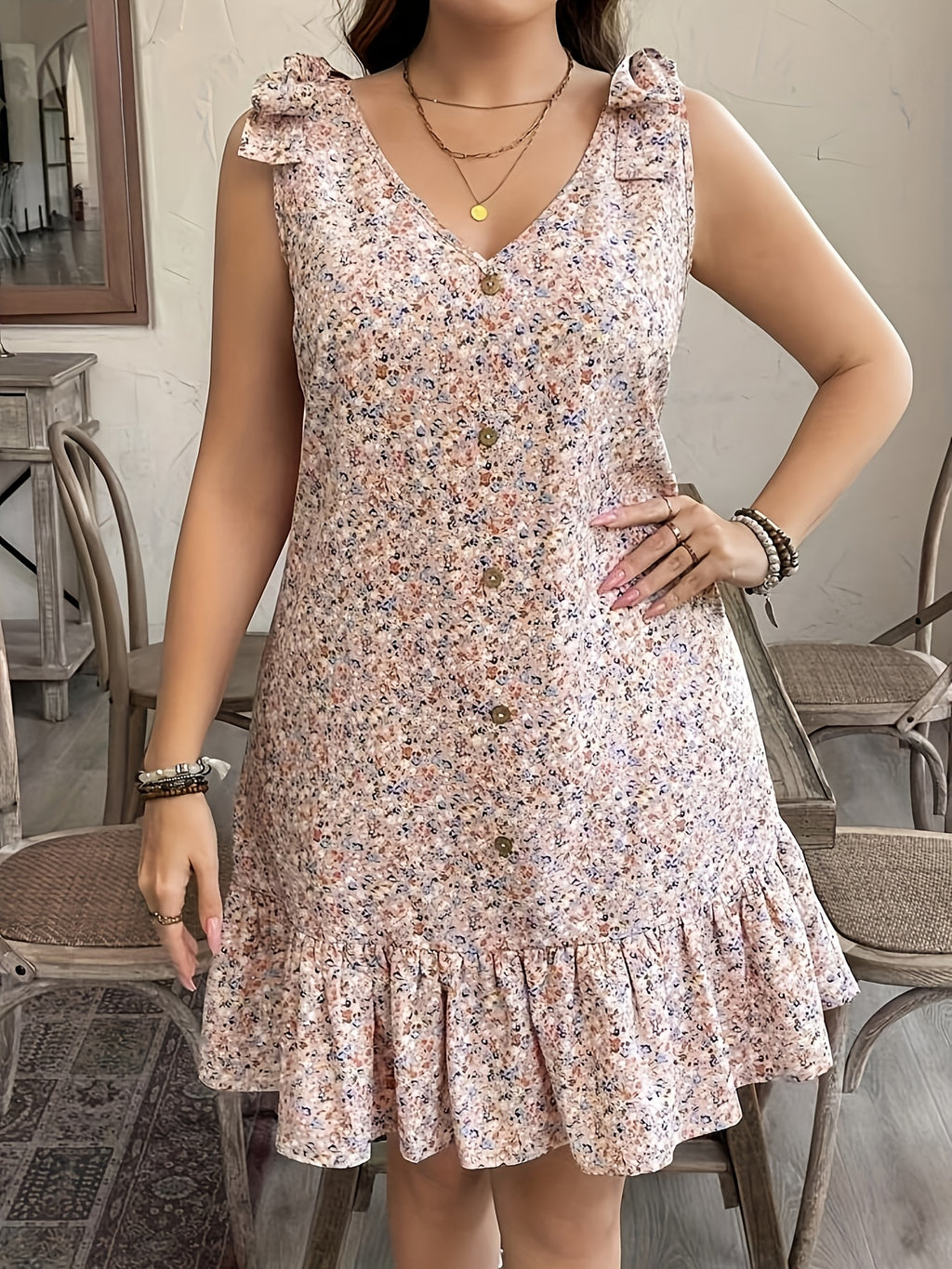Floral V-Neck Sleeveless Light Weight Dress with Ruffled Hem & Button Details