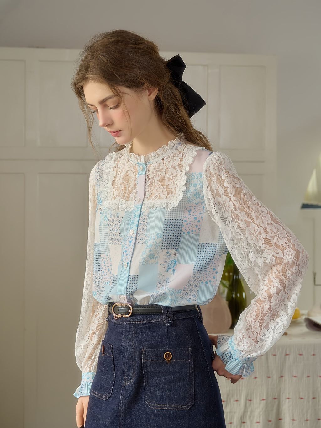 Women's Autumn Winter Loose Fit Blouse - Elegant Stand-Up Collar with Lace Patchwork