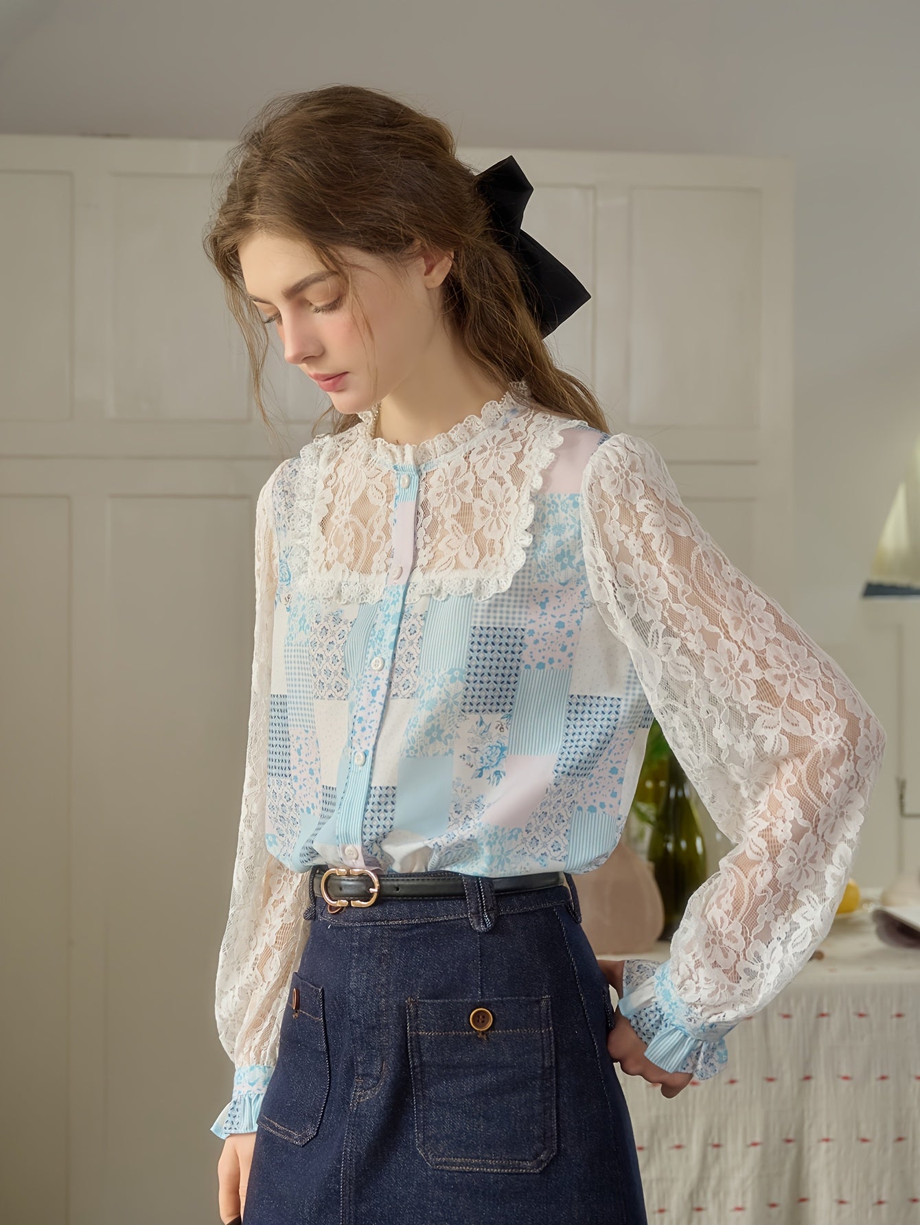 Women's Autumn Winter Loose Fit Blouse - Elegant Stand-Up Collar with Lace Patchwork