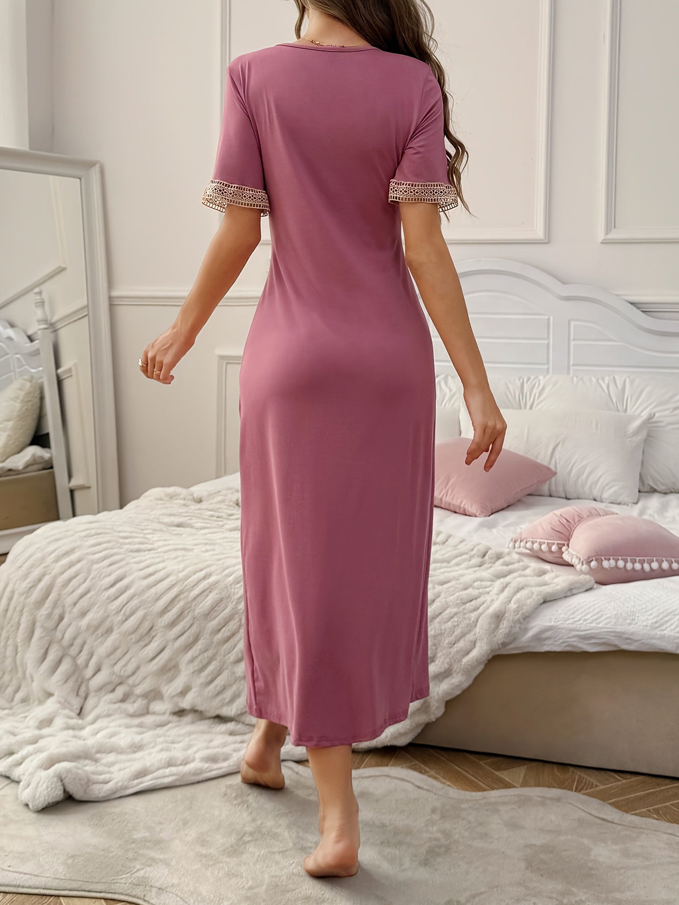 Long Contrast Lace Spliced Nightgown