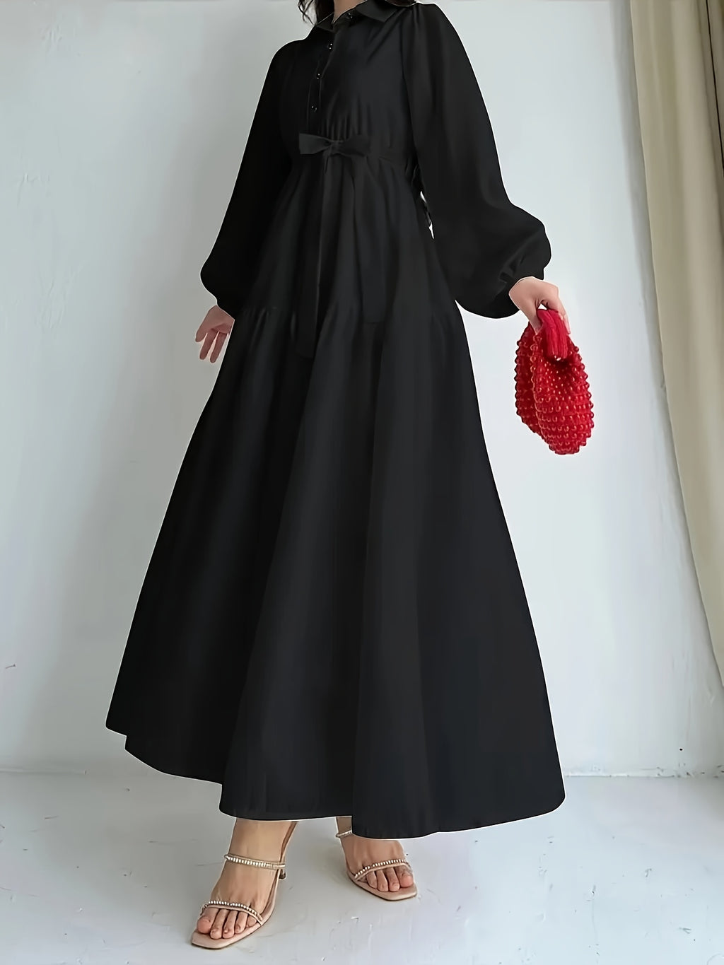 Women's Elegant Red Rose Print Long Sleeve Dress