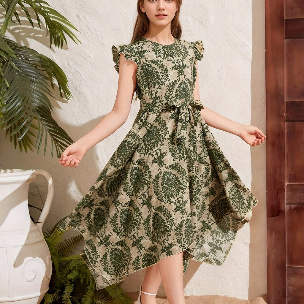 French Vintage Elegance Girls' Mid-Length Floral Print Dress