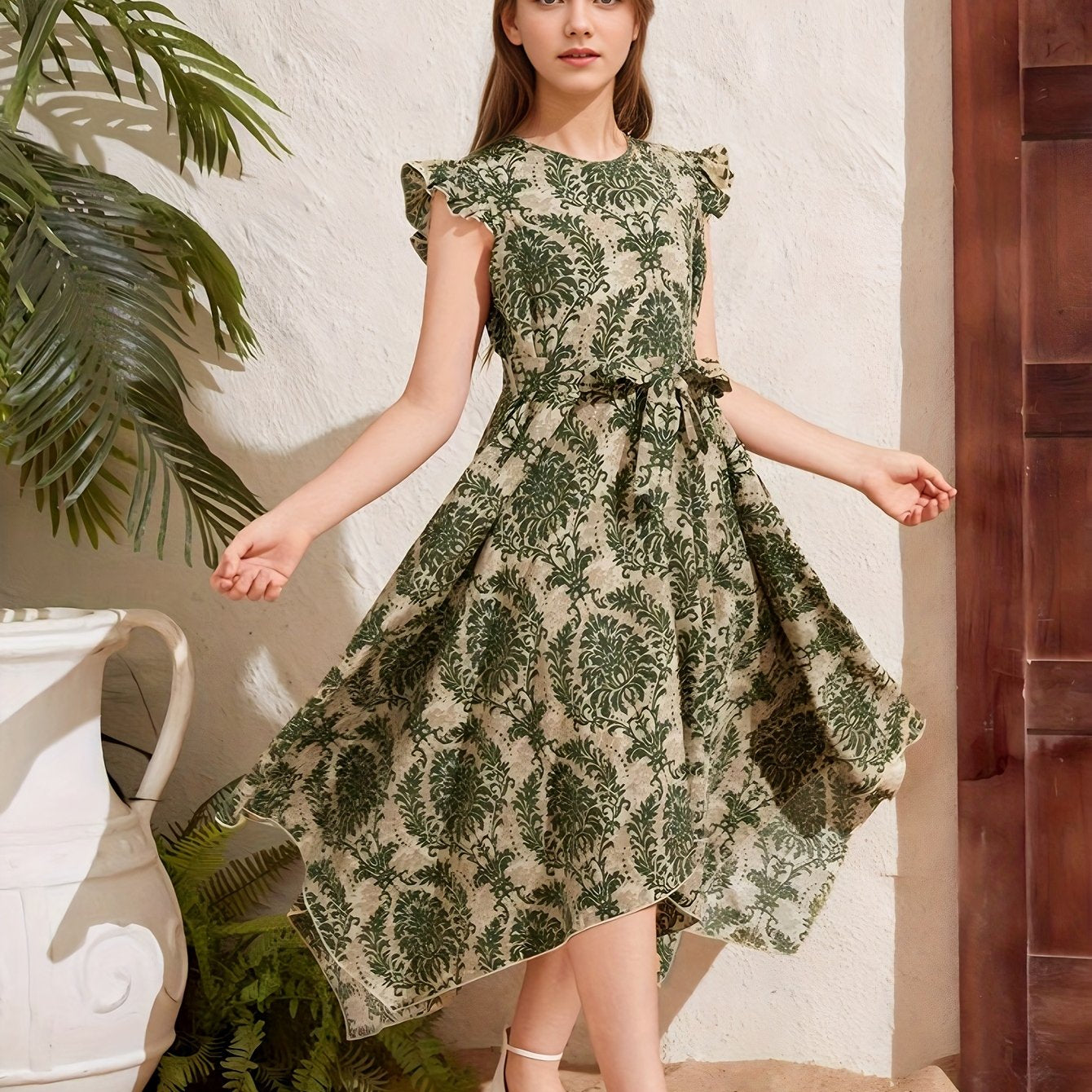 French Vintage Elegance Girls' Mid-Length Floral Print Dress