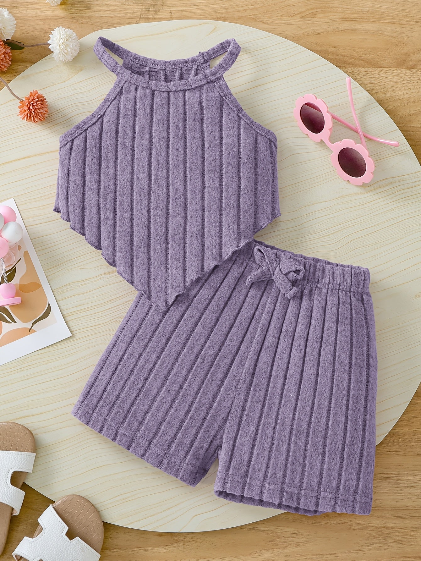 2pcs Summer Girls' Solid Color Crop Top and Bow-Decorated Striped Pants Set