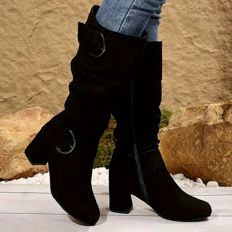 Women's Knee-High Boots - Mid Heel Platform with Zipper Closure