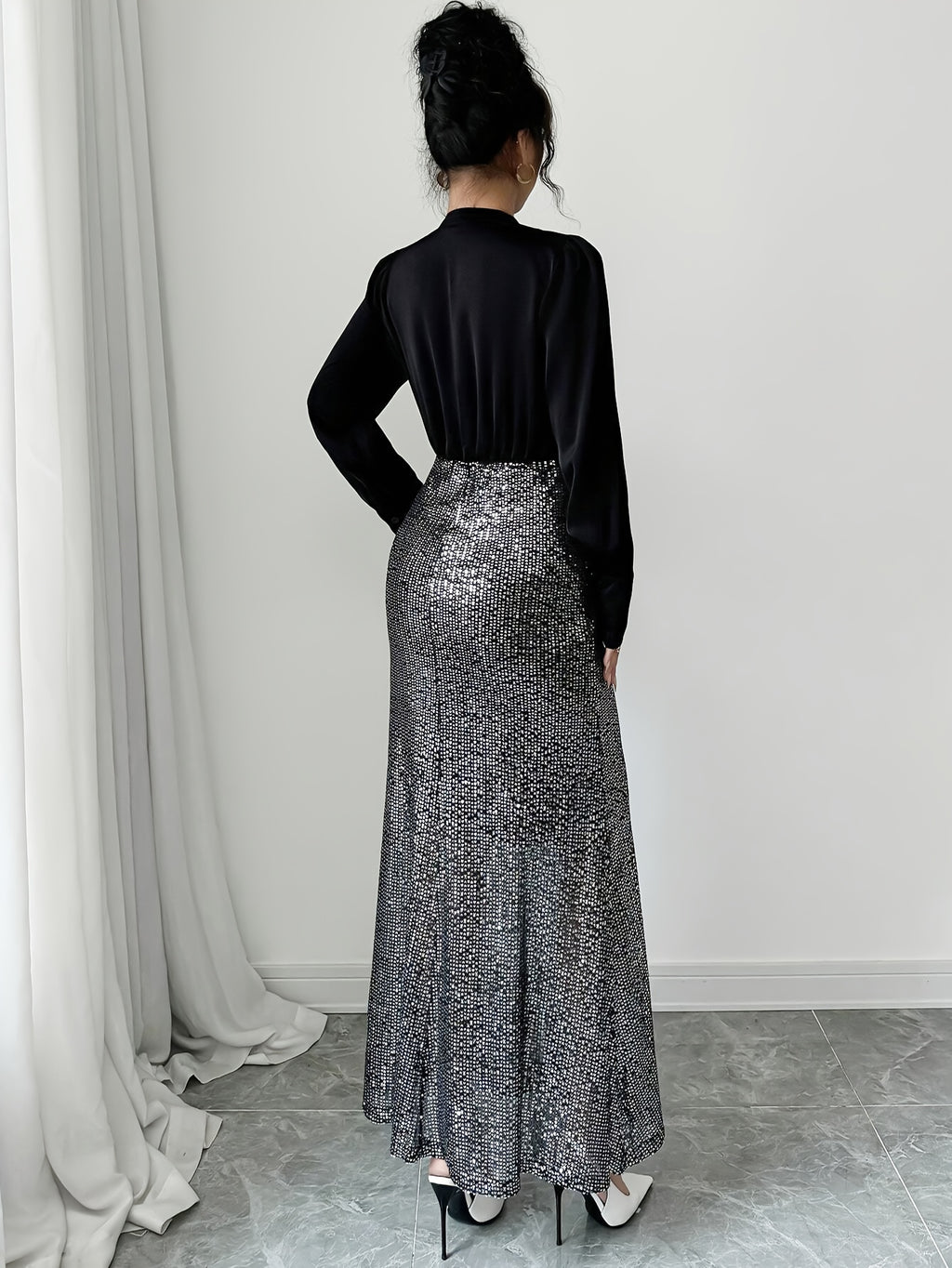 French Elegant V-Neck Sequin 3D Rose Dress - Sparkling Long Sleeve A-Line Evening Gown