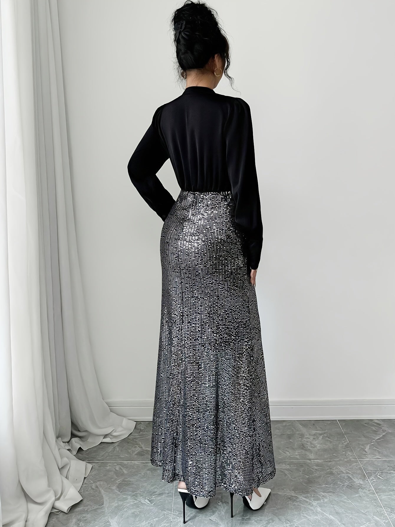 French Elegant V-Neck Sequin 3D Rose Dress - Sparkling Long Sleeve A-Line Evening Gown