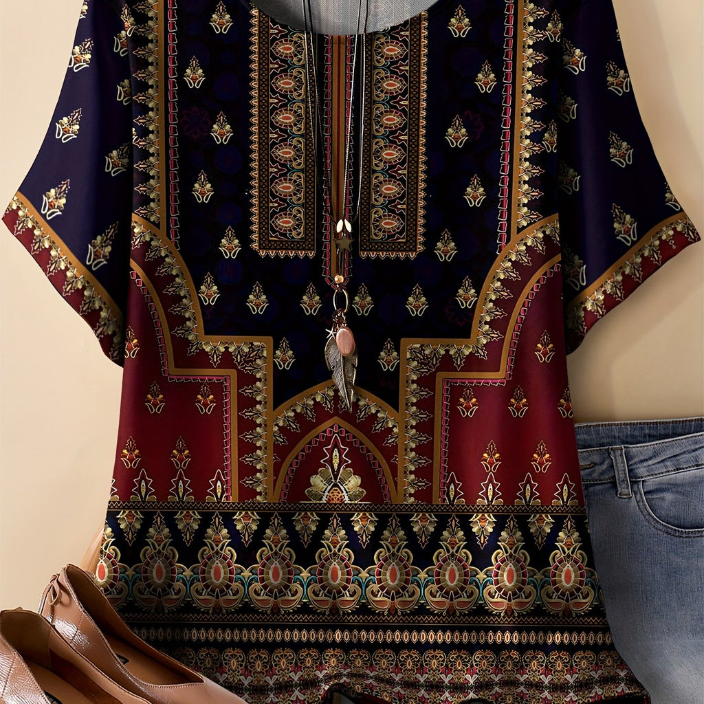 Bohemian Print T-Shirt, Comfortable Polyester Blend