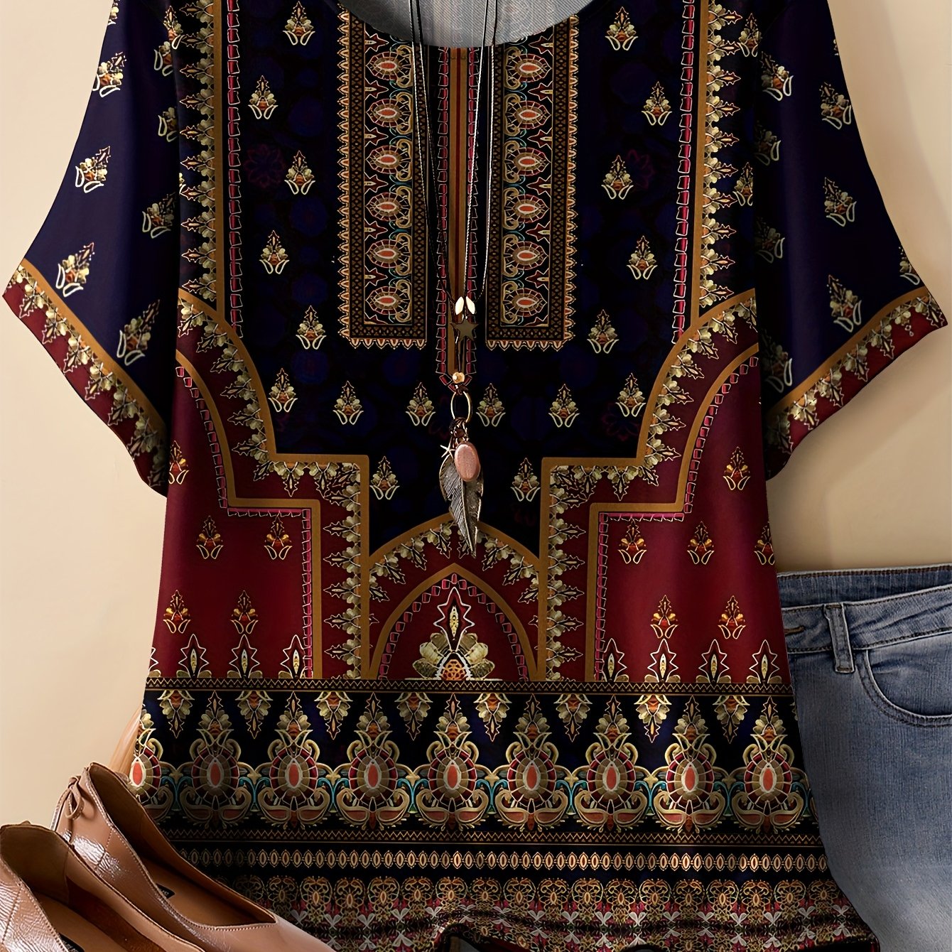 Bohemian Print T-Shirt, Comfortable Polyester Blend