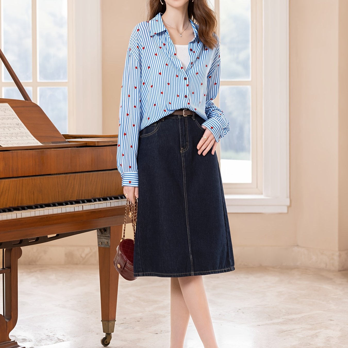 Color Block Striped Heart Shirt, New Autumn Women's Turn- Collar Long Casual Loose Blouse T51Z0133C