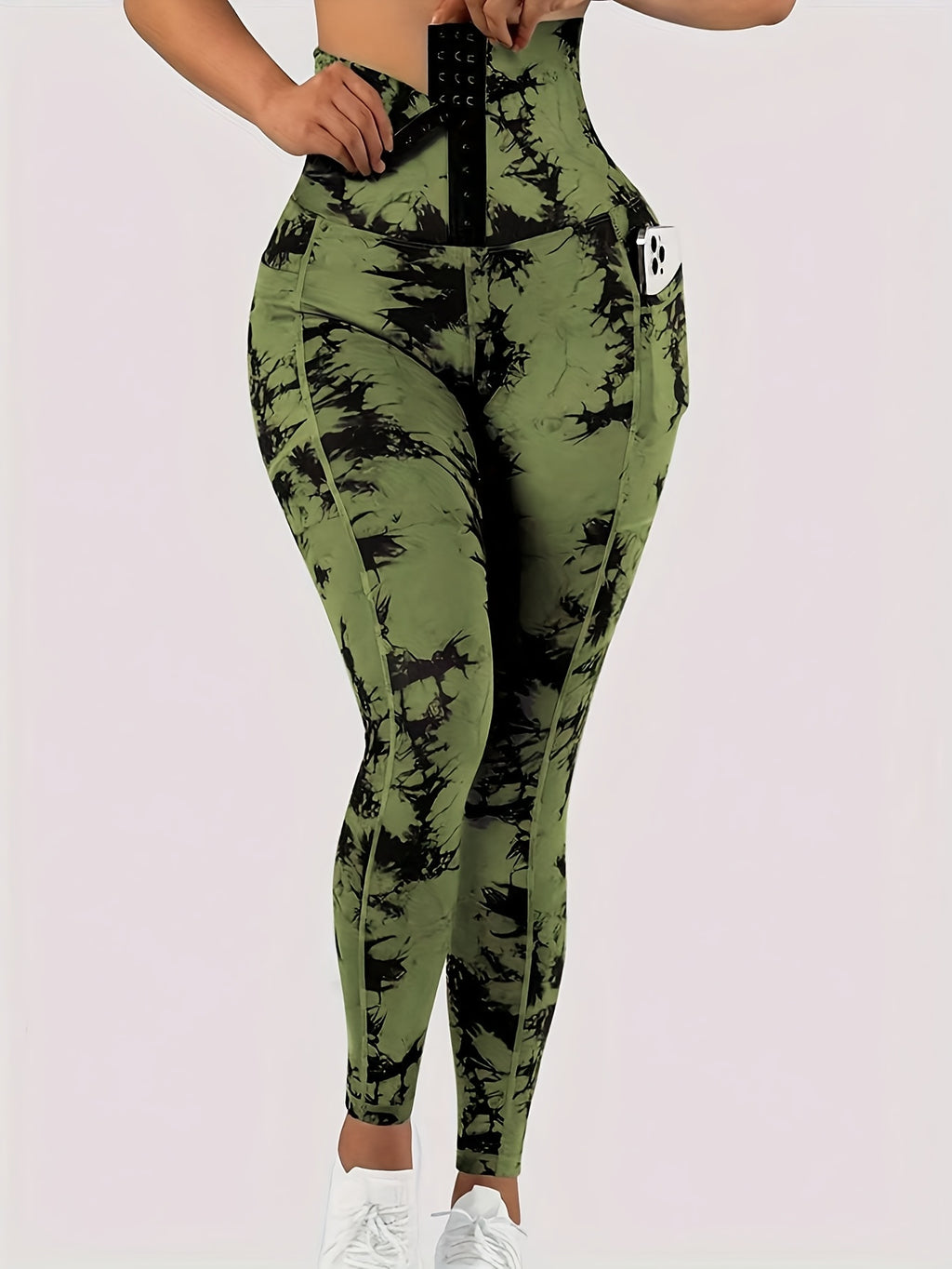Women' High-Waist Tie-Dye Yoga Leggings with Front Button Closure & Pockets