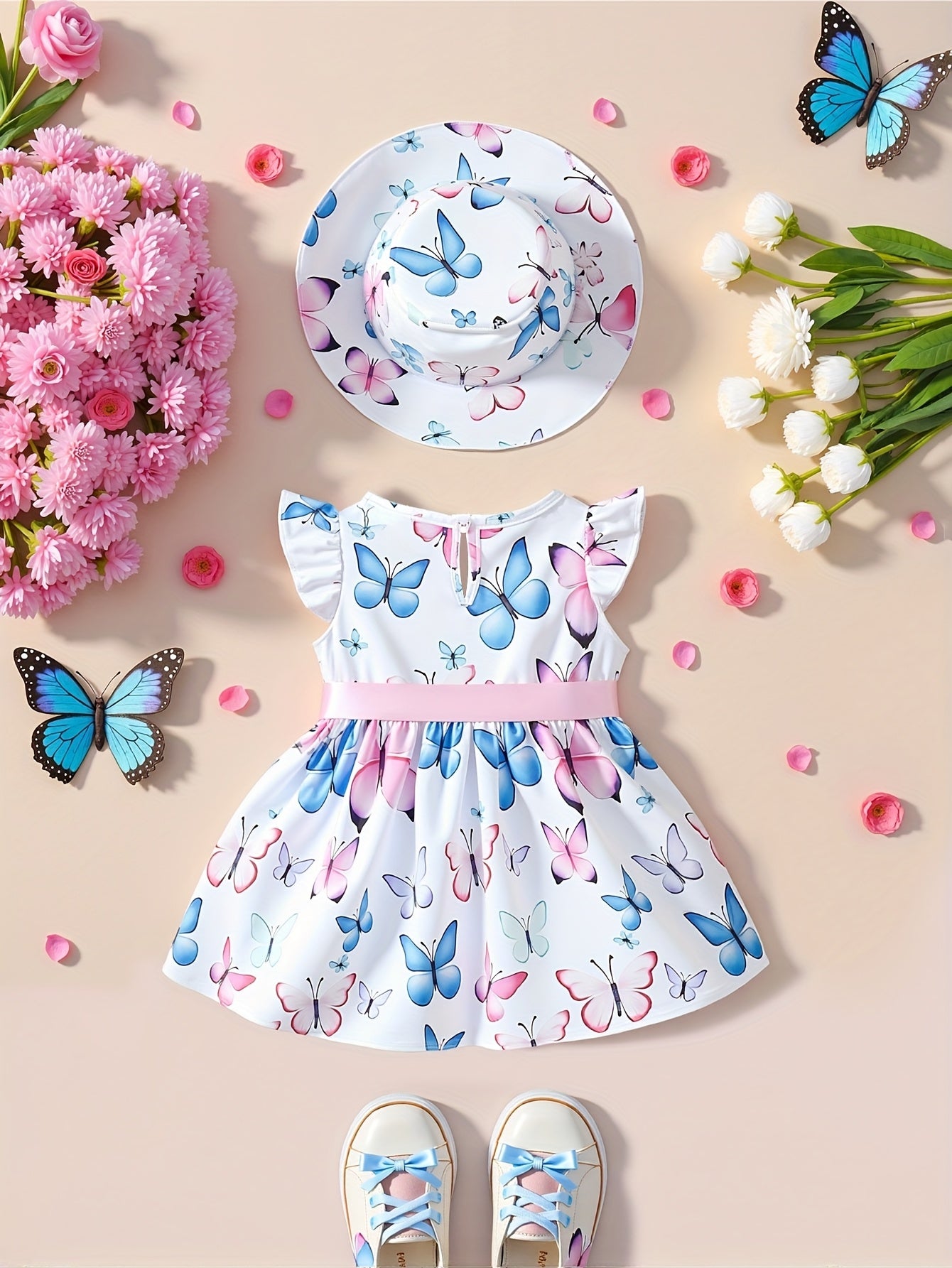 Fantasy Butterfly Sweet Princess Print Dress with Hat Set