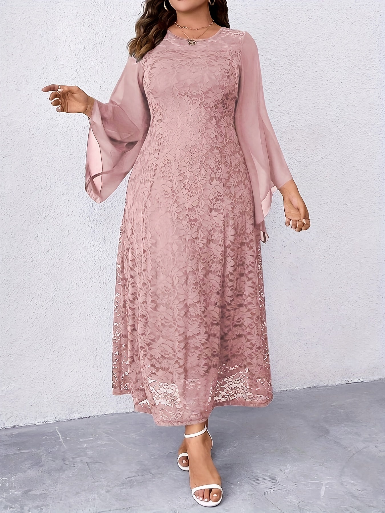 Women's Elegant Navy Blue Lace Dress - Formal to Casual Wedding Party Outfit with Long Flowing sleeves