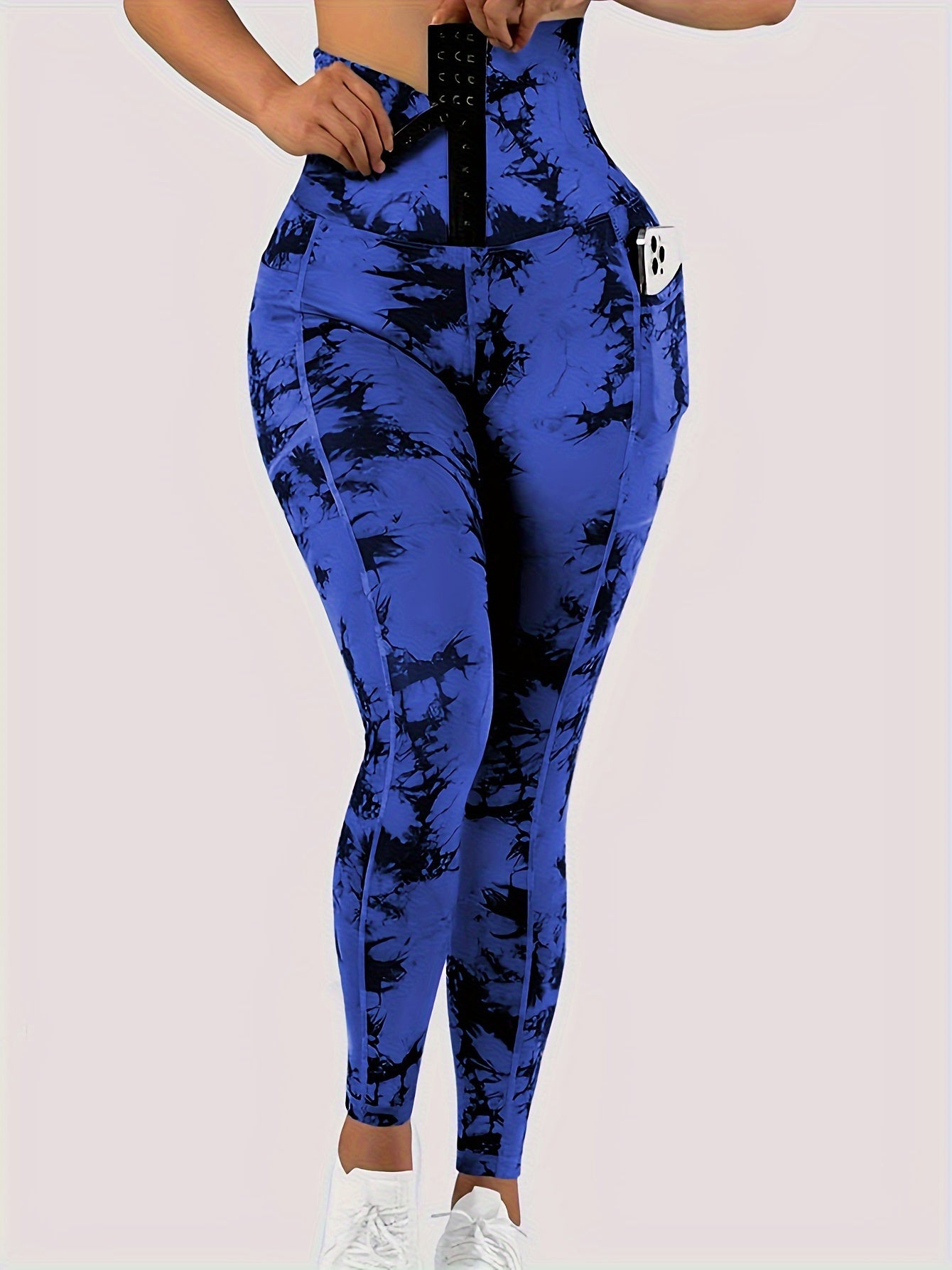 Women' High-Waist Tie-Dye Yoga Leggings with Front Button Closure & Pockets